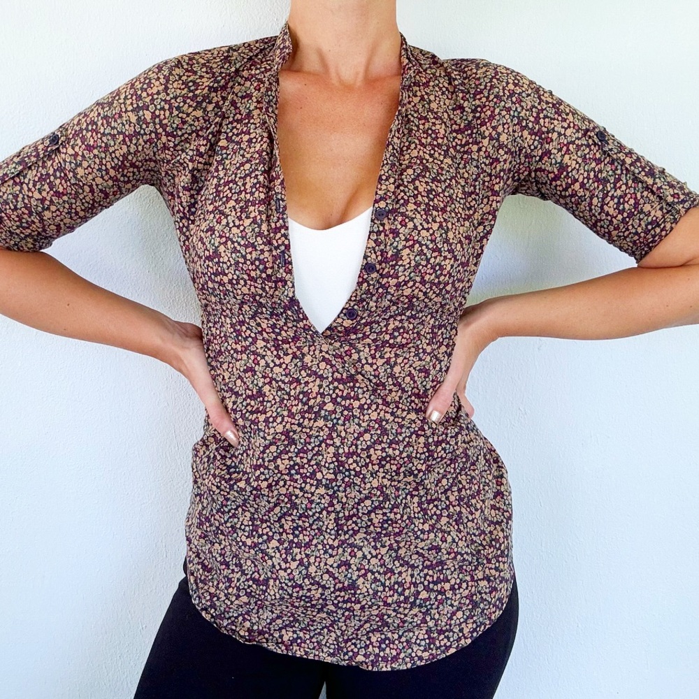 Vintage delia*s brown floral 3/4 sleeve half button blouse size XS